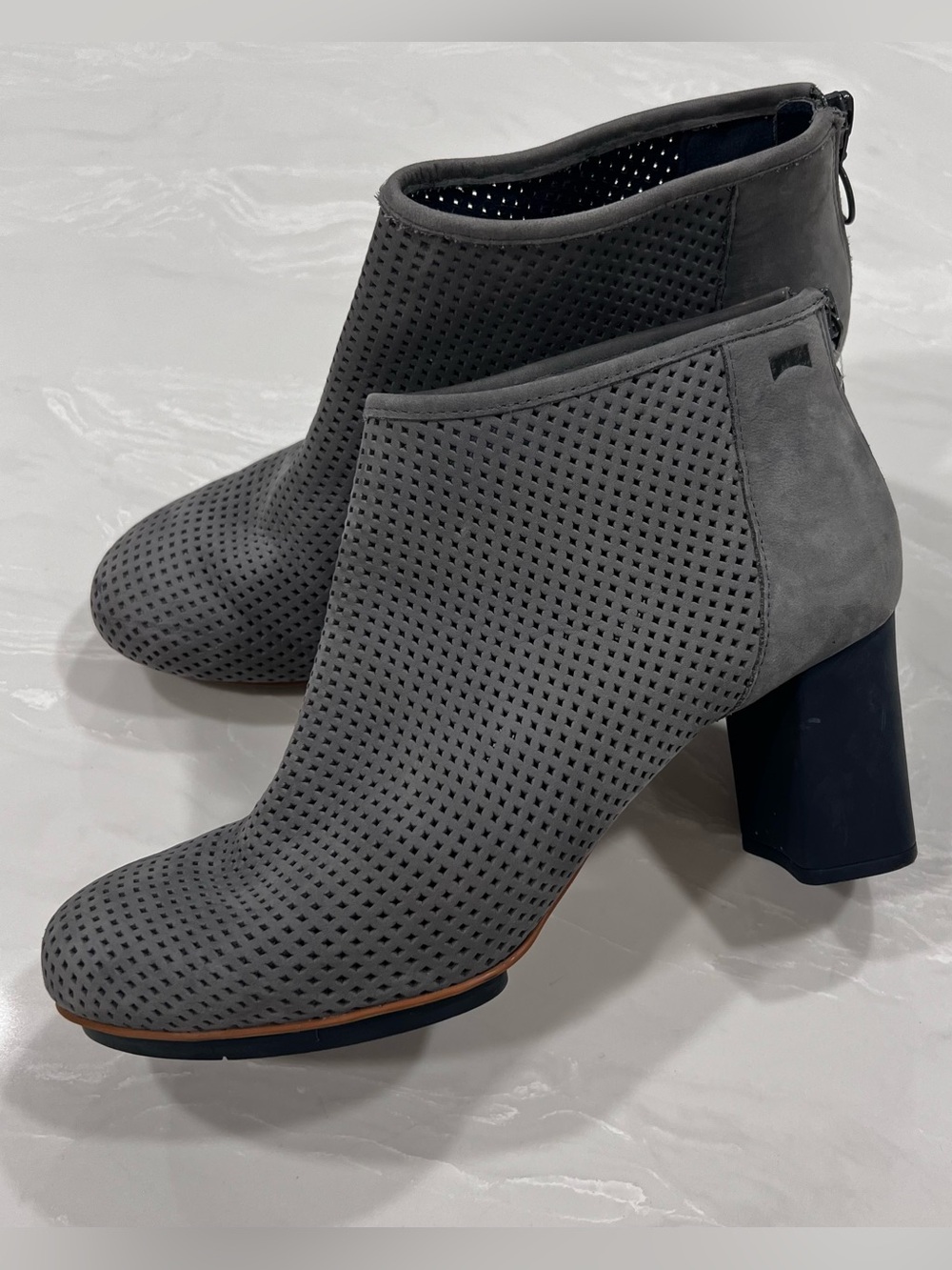 Camper Myriam Perforated Gray Suede Block Heel Ankle Boots Size 38 Casual Comfy